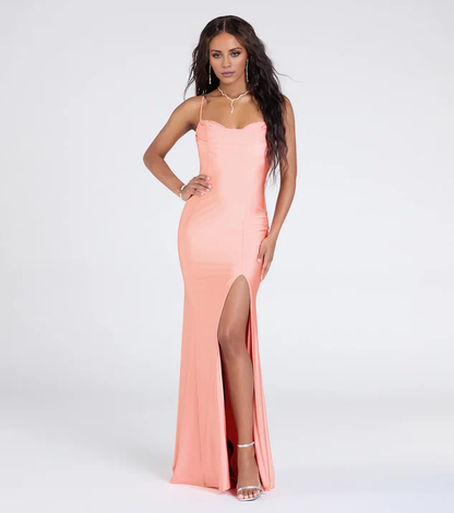 LD square neckline sleeveless thin shoulder strap tied back exposed side slit and floor length Prom dress