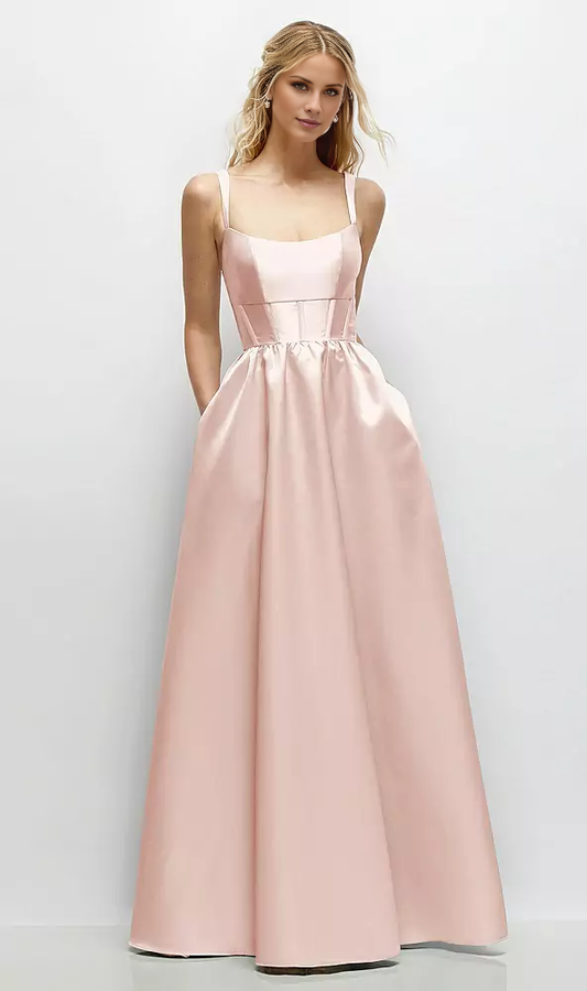 Low round neck studded tight corset satin and floor length bridesmaid dress - LD Dress