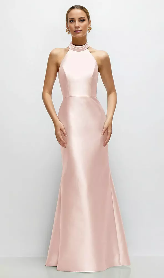 High neck spaghetti strap satin and floor length bridesmaid dress - LD Dress
