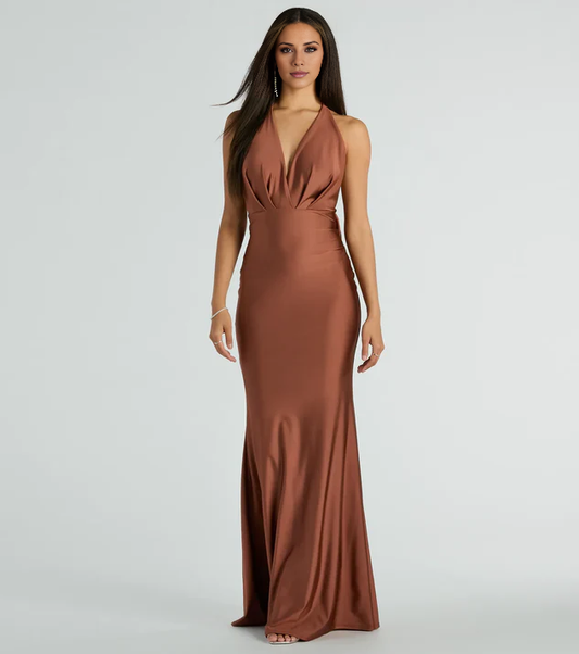 LD V collar hanging neck off shoulder sleeveless backless and floor length Prom dress