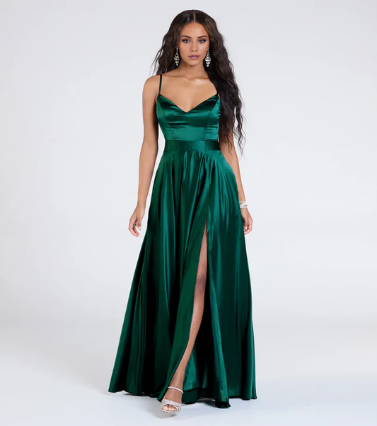 LD V-neck sleeveless thin shoulder strap with backless side slit and floor length Prom dress