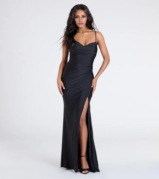 LD V neckline sleeveless thin shoulder strap backless side slit and floor length Prom dress