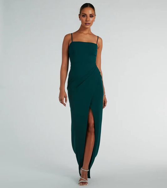 LD square neckline off shoulder sleeveless thin shoulder strap open back side slit and floor length evening dress