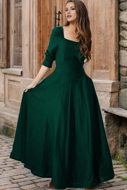 LD square neckline short sleeved backless and floor length Prom dress