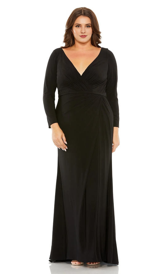 Black V-neck long sleeved formal and floor length Prom dress）