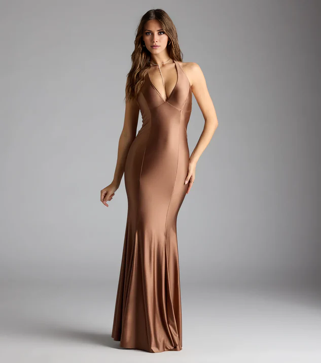 LD Mermaid V collar off shoulder sleeveless backless and floor length Prom dress