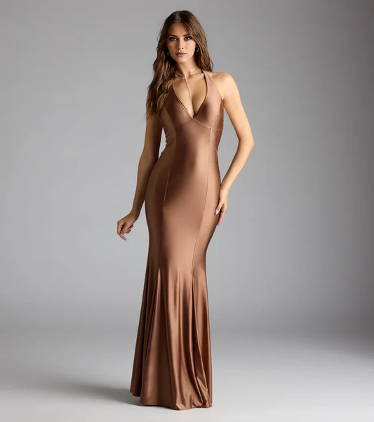 LD Mermaid V collar off shoulder sleeveless backless and floor length Prom dress