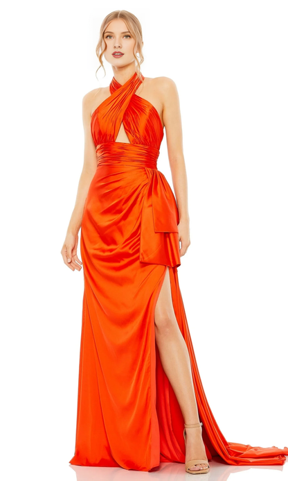 Orange high neck cross hanging neck backless Prom dress