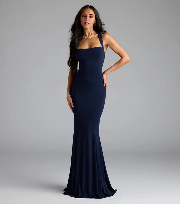 LD mermaid square neckline sleeveless backless and floor length evening dress