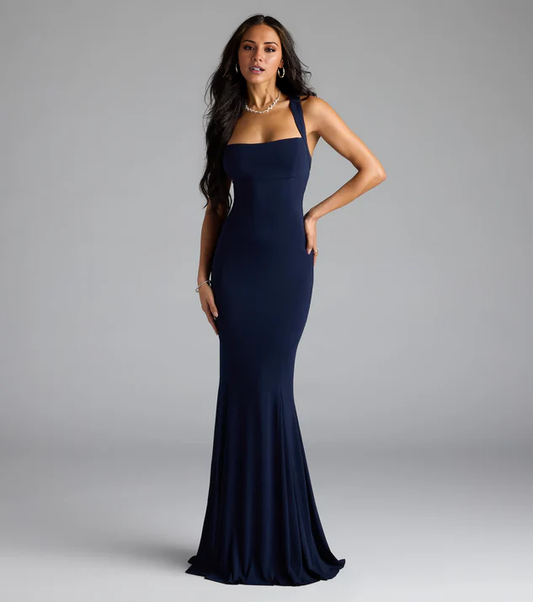 LD mermaid square neckline sleeveless backless and floor length evening dress