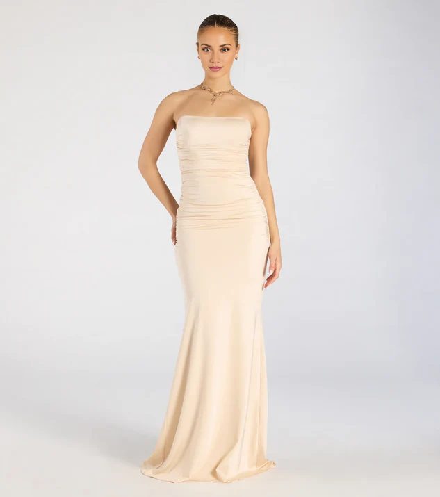 LD mermaid off shoulder collar sleeveless strapless backless and floor length evening dress