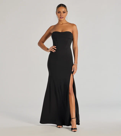 LD off shoulder collar sleeveless strapless backless side slit and floor length Prom dress