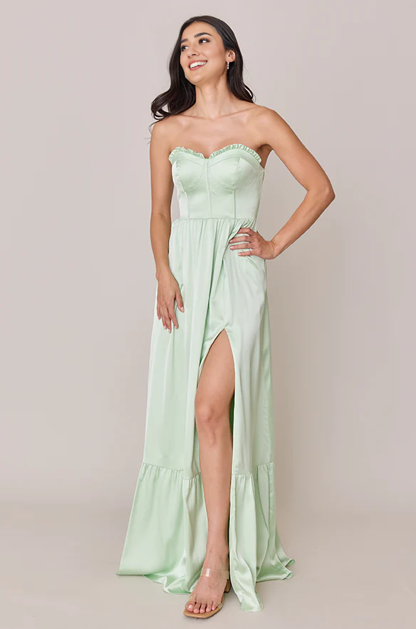 LD off shoulder collar sleeveless strapless backless side slit and floor length prom dress