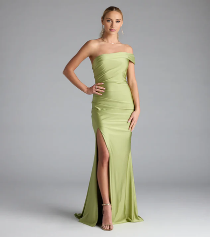 LD asymmetrical neckline off shoulder sleeveless backless side slit and floor length Prom dress