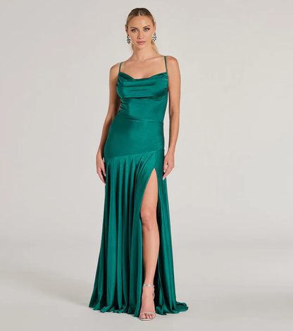 LD square neckline sleeveless thin shoulder strap backless side slit and floor length evening dress