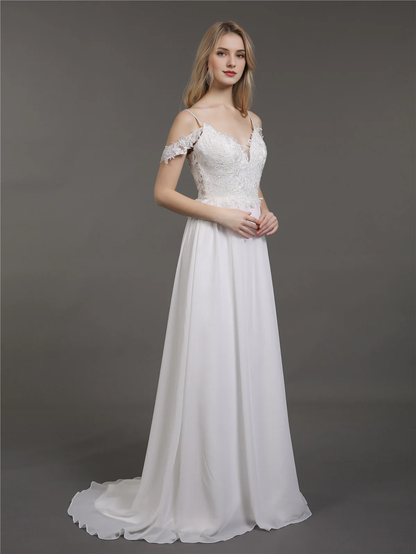 Thin shoulder chiffon minimalist wedding dress