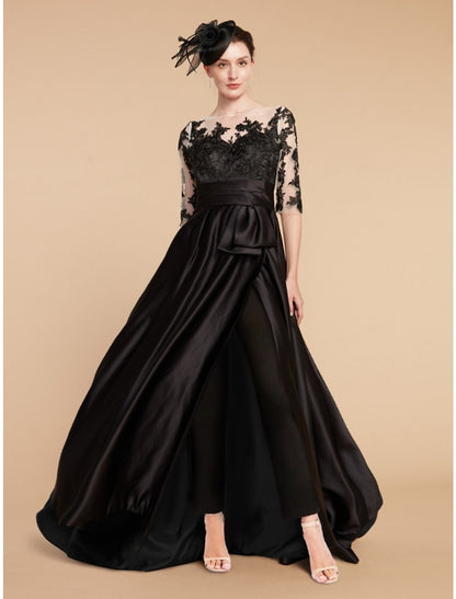 Jumpsuits Mother of the Bride Dress Wedding Guest Elegant Illusion Neck Sweep / Brush Train Satin Half Sleeve with Lace Split Front Ruching