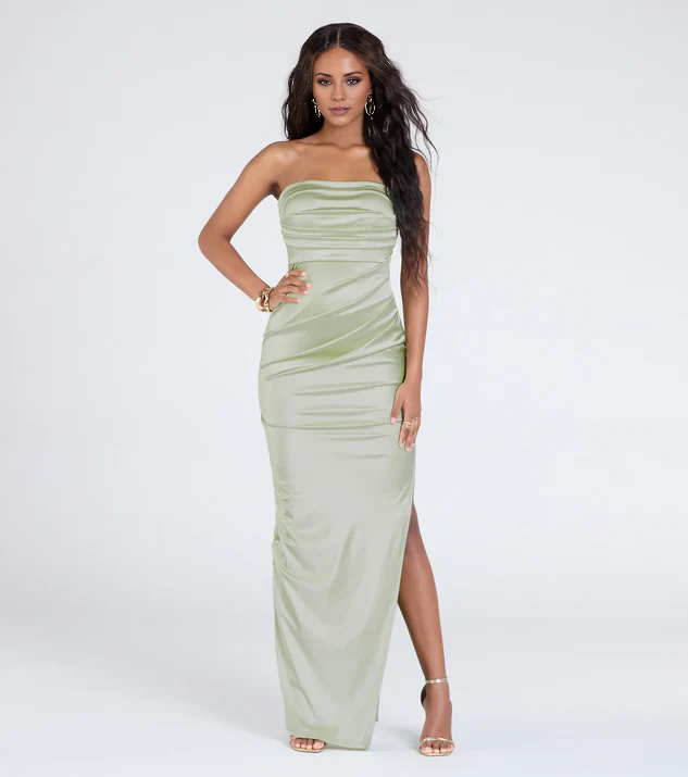 LD off shoulder collar sleeveless strapless backless side slit and floor length Prom dress