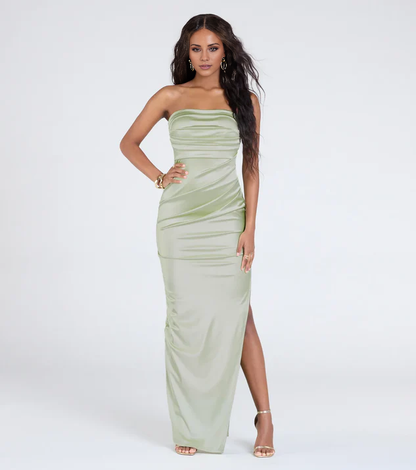 LD off shoulder collar sleeveless strapless backless side slit and floor length Prom dress