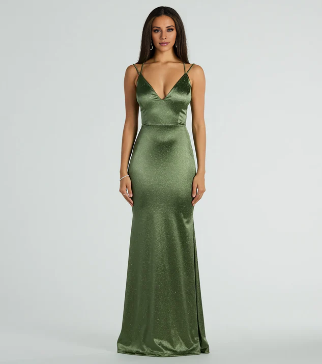 LD V-neck off shoulder sleeveless thin shoulder strap backless and floor length Prom dress