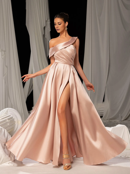 A-line asymmetrical collar satin side slit and floor length Prom Dress - LD Dress