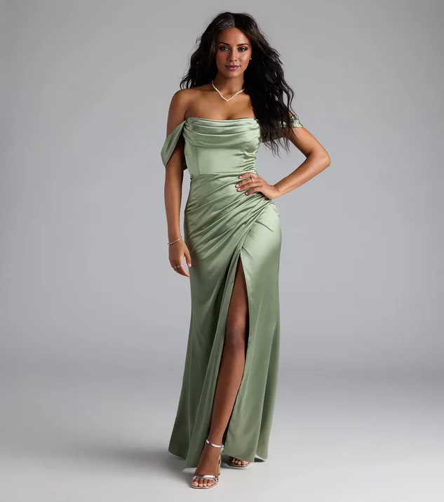 LD off shoulder collar sleeveless backless side slit and floor length evening dress