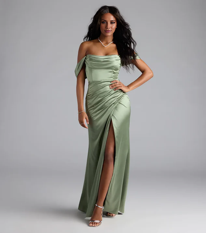 LD off shoulder collar sleeveless backless side slit and floor length evening dress