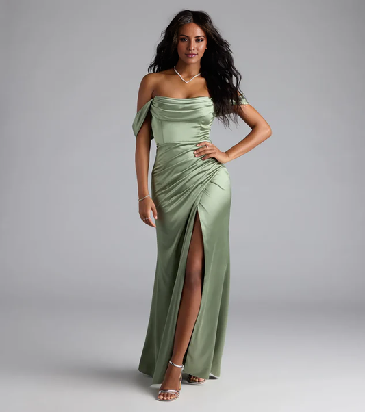 LD off shoulder collar sleeveless backless side slit and floor length evening dress