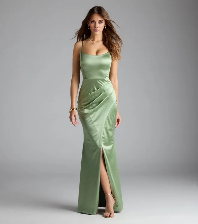 LD square neckline off shoulder sleeveless backless side slit and floor length Prom dress