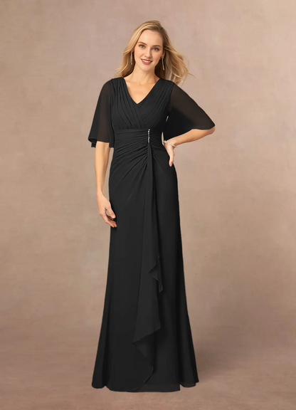 A-line V-neck lace chiffon and floor length mother of the bride dress