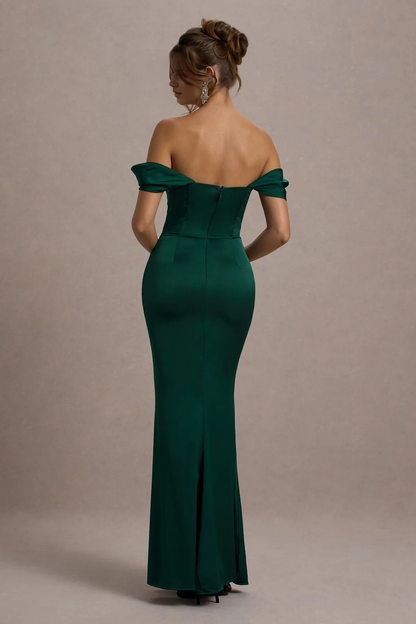 LD - Open shoulder collar tight corset with side slit and floor length Prom dress