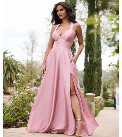 LD A-line V-neck off shoulder sleeveless side slit and floor length Prom dress