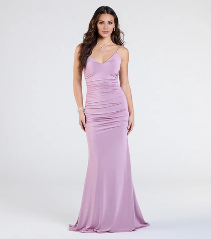 LD V-neck off shoulder sleeveless thin shoulder strap backless and floor length Prom dress