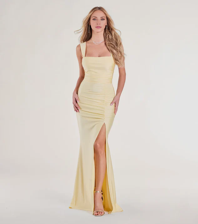 LD square neckline off shoulder sleeveless backless side slit and floor length Prom dress