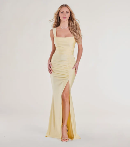LD square neckline off shoulder sleeveless backless side slit and floor length Prom dress