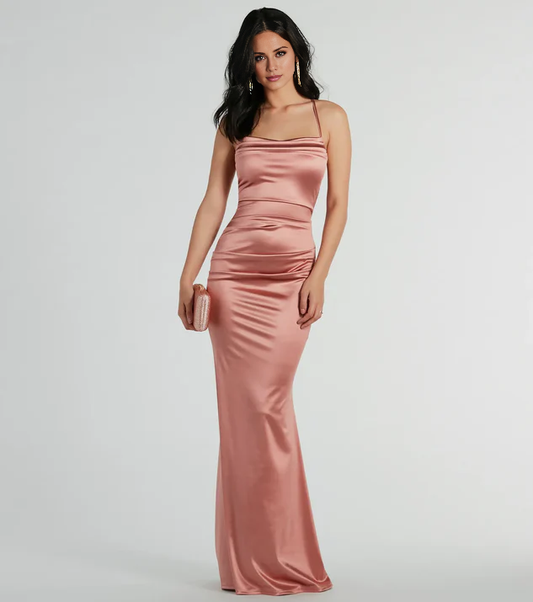 LD square neckline off shoulder sleeveless thin shoulder strap backless and floor length Prom dress