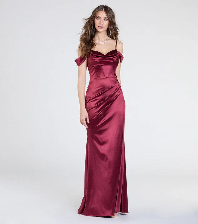 LD off shoulder collar sleeveless slim shoulder strap backless side slit and floor length Prom dress