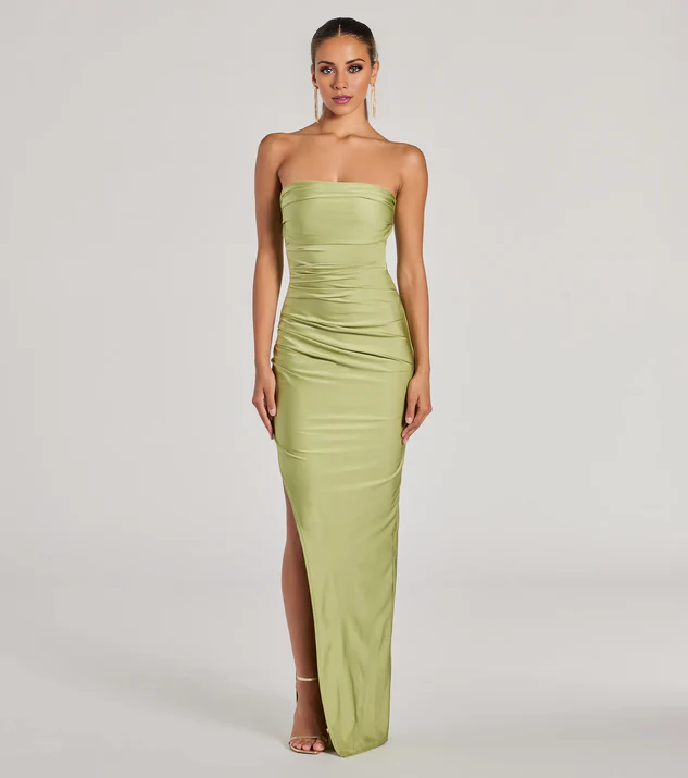 LD off shoulder collar sleeveless strapless backless side slit and floor length evening dress