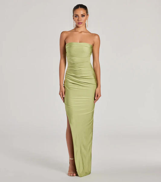 LD off shoulder collar sleeveless strapless backless side slit and floor length evening dress