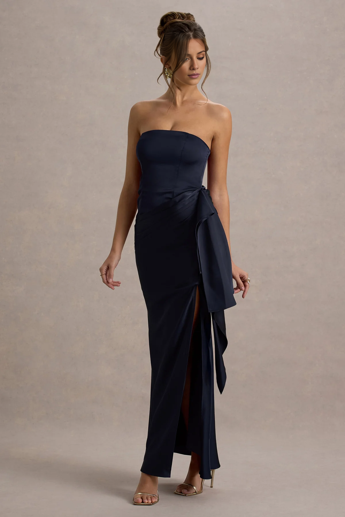 LD - Off Shoulder Collar Satin Pendant Side Split and Floor length Prom Dress