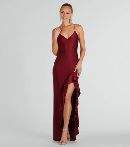 LD V collar off shoulder sleeveless thin shoulder strap open back side slit and floor length evening dress