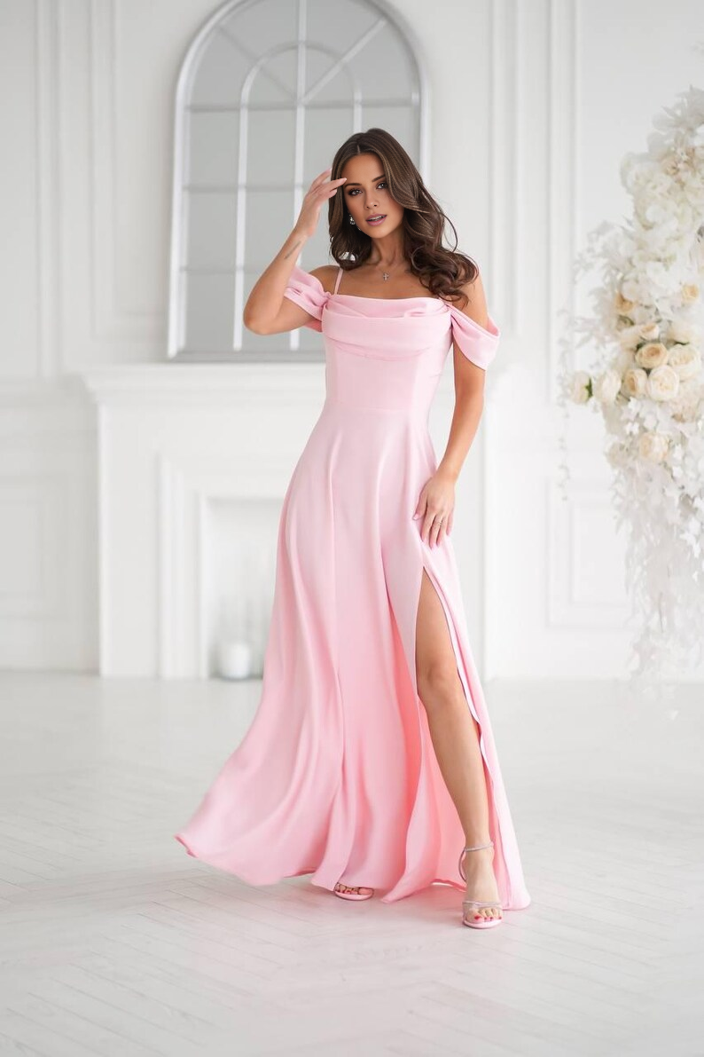 LD off shoulder collar sleeveless thin shoulder strap backless side slit and floor length Prom dress