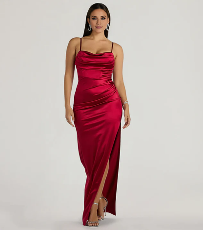 LD square neckline sleeveless thin shoulder strap backless side slit and floor length Prom dress