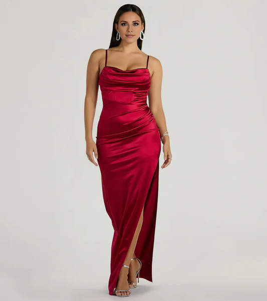 LD square neckline sleeveless thin shoulder strap backless side slit and floor length Prom dress
