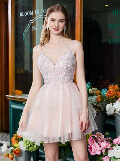 V-neck applique pleated chiffon short ball gown