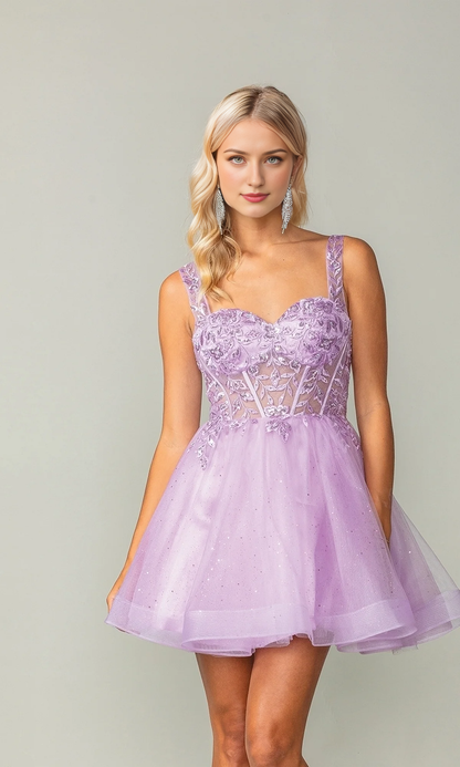 Sweetheart neckline sheer lace sleeveless backless applique short mini Homecoming dress