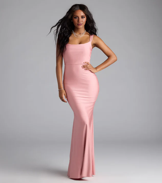 LD mermaid square neck off shoulder sleeveless backless and floor length evening dress