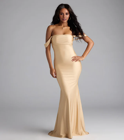 LD mermaid off shoulder collar sleeveless backless and floor length evening dress