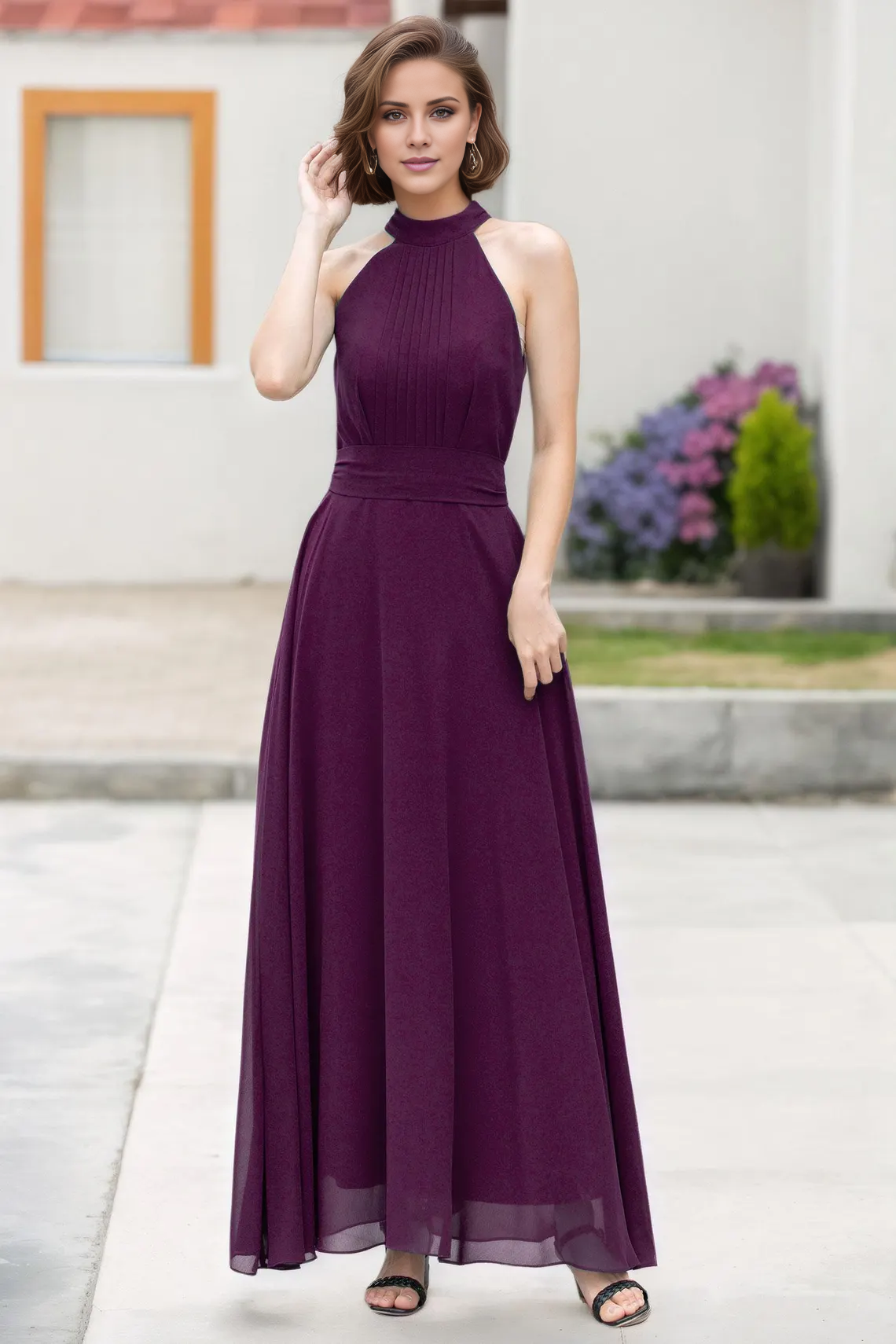 LD hanging neck collar sleeveless off shoulder pleated details backless and floor length Prom dress