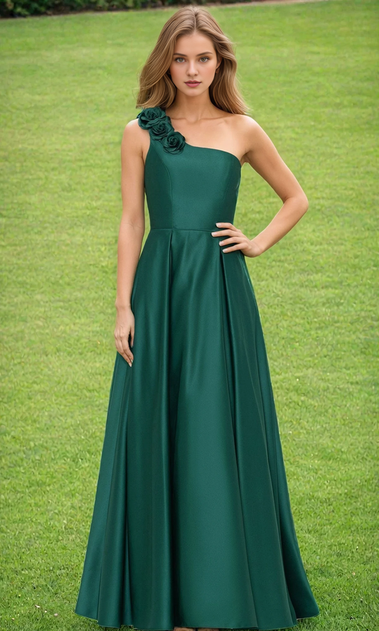 One shoulder long 3D asymmetrical floral lace up dress